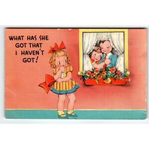 Vintage 1940s Linen Comic Postcard 'What Has She Got That I Haven't Got?'